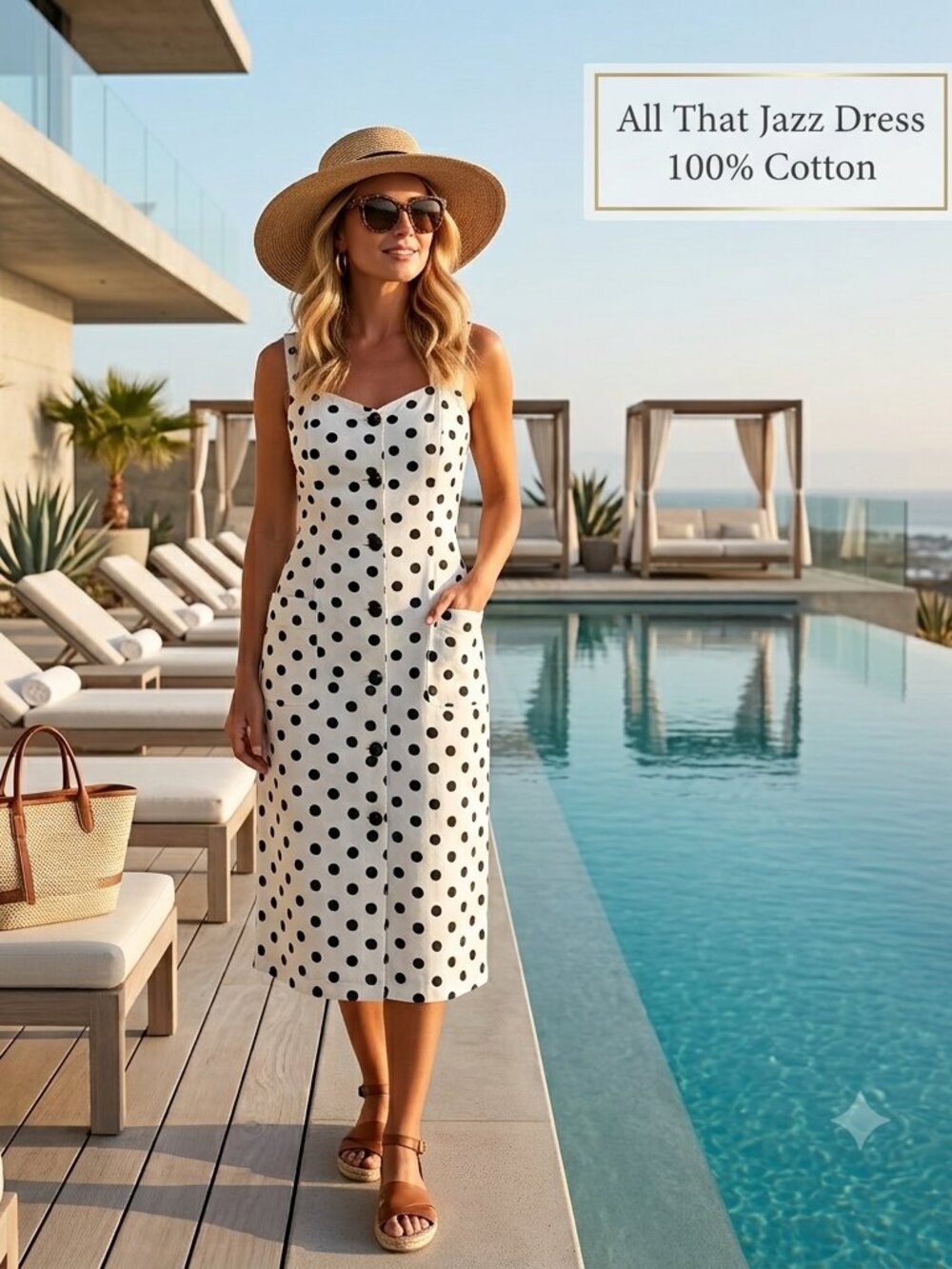 All That Jazz Women Sz 9/10 Midi Dress Polka Dot 100% Cotton 2-Pocket California